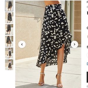 High-Low Split, Ruffle Hem Print Asymmetrical Midi Skirt, Size L